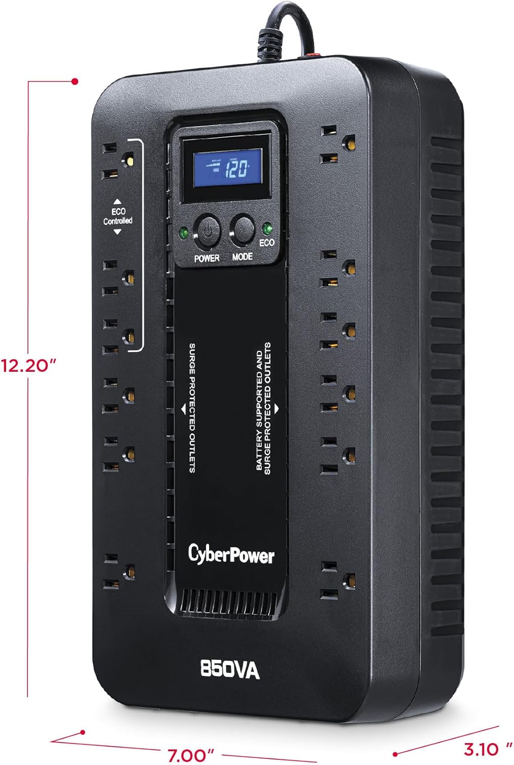 CyberPower EC850LCD Ecologic Battery Backup & Surge Protector UPS System, 850VA/510W, 12 Outlets, ECO Mode, Compact, Uninterruptible Power Supply