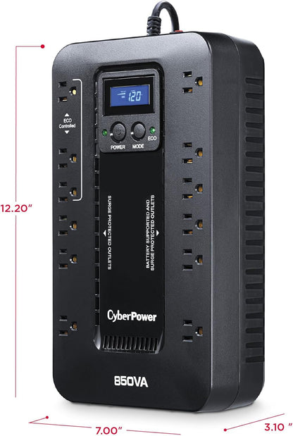 CyberPower EC850LCD Ecologic Battery Backup & Surge Protector UPS System, 850VA/510W, 12 Outlets, ECO Mode, Compact, Uninterruptible Power Supply