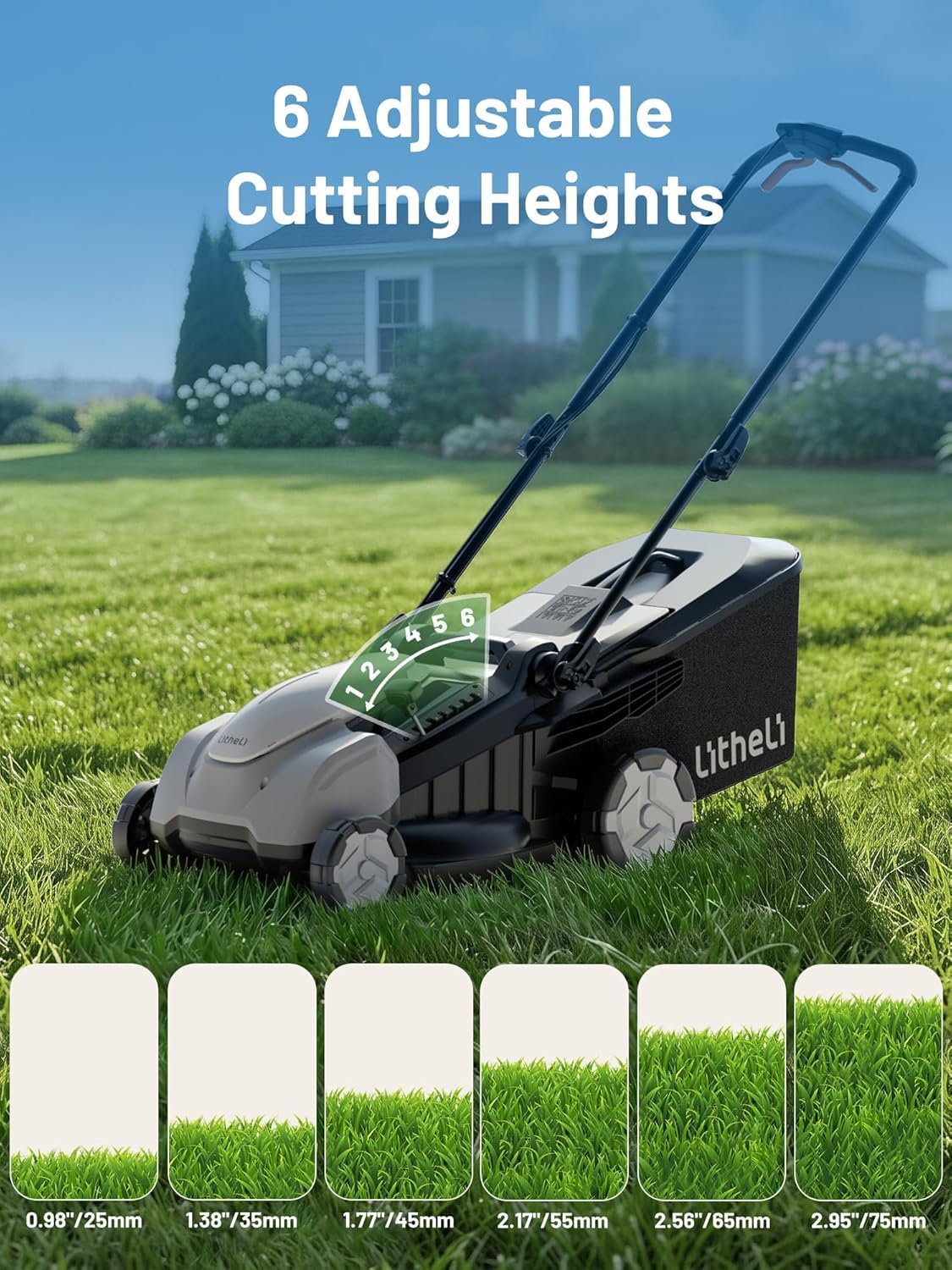 Litheli 40V Cordless Lawn Mower 16″, Brushless Motor, 6 Cutting Heights (25-75mm), 50L Bagging & Mulching, Includes 2×5.0Ah Batteries & Charger