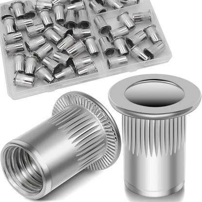 Vifmy Metric & SAE Rivet Nut Assortment Kit(420 Pcs),m3 m4 m5 m6 m8 m10 m12#6-32#8-32#10-24 1/4"-20 5/16"-18 3/8"-16 UNC Flat Head Rivnut Set,Zinc Plated Finish Carbon Steel Nutsert