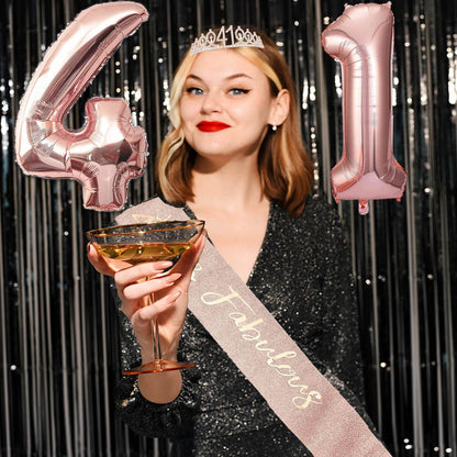 8pcs 40th Birthday Decorations gifts for Women, Including 40th Happy Birthday Cake Topper, Queen Sash with Pearl Pin, Sweet Rhinestone Tiara Crown for Women, Number Candles and Balloons (Rose Gold)