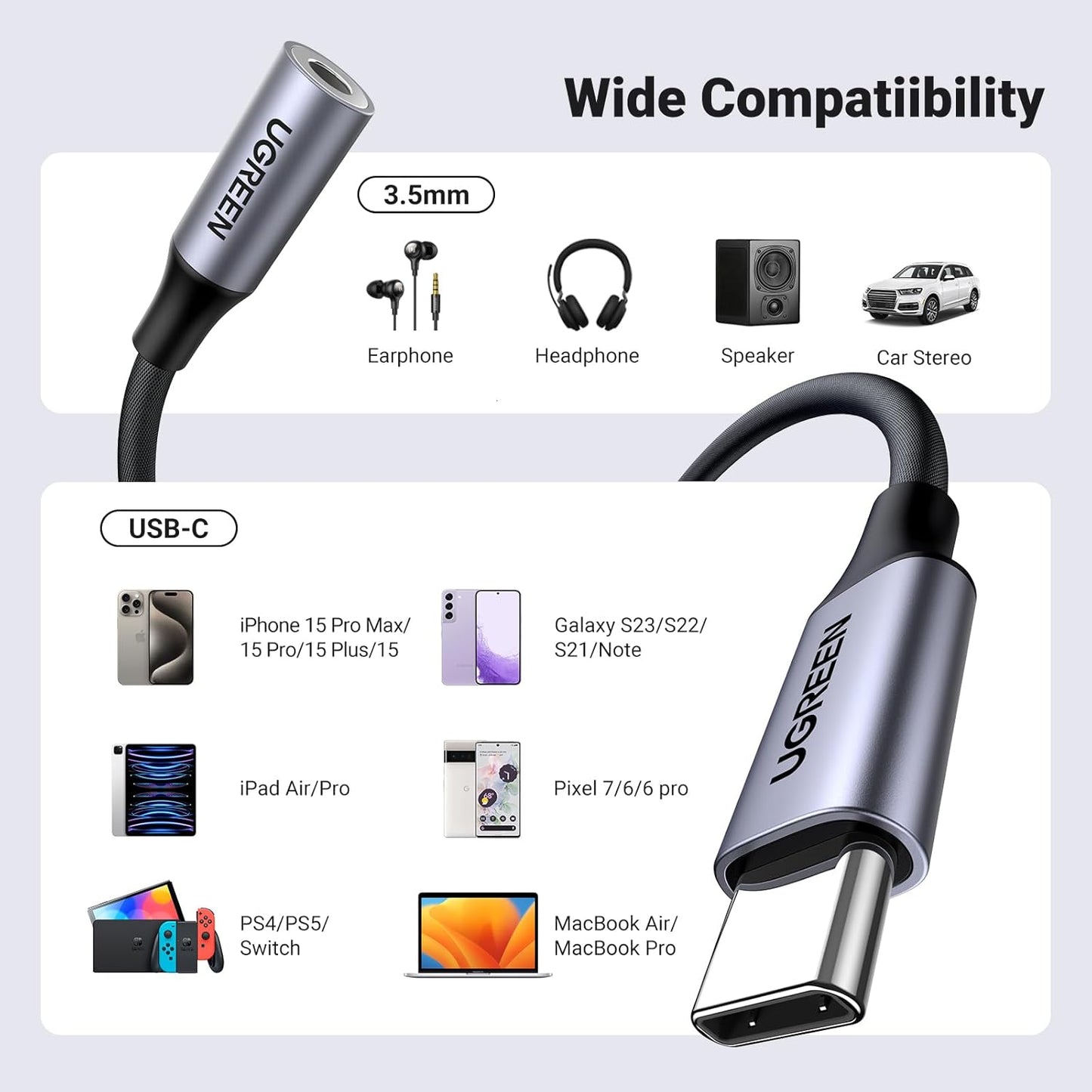 UGREEN USB C to 3.5mm Headphone Audio Adapter, HiFi DAC Stereo 24bit/96kHz USB C to Aux Jack, Dongle Earphone Compatible with iPhone 15 Pro, iPad, Galaxy S24 S23 Ultra, Pixel, 10cm