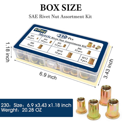 Vifmy Metric & SAE Rivet Nut Assortment Kit(420 Pcs),m3 m4 m5 m6 m8 m10 m12#6-32#8-32#10-24 1/4"-20 5/16"-18 3/8"-16 UNC Flat Head Rivnut Set,Zinc Plated Finish Carbon Steel Nutsert
