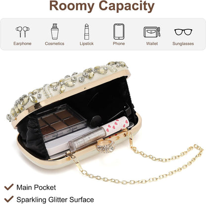 DTGN Evening Bags Clutch Purses for Women Formal, Beaded Clutch Rhinestone Handbags Shoulder Bag with Chain Sparkly