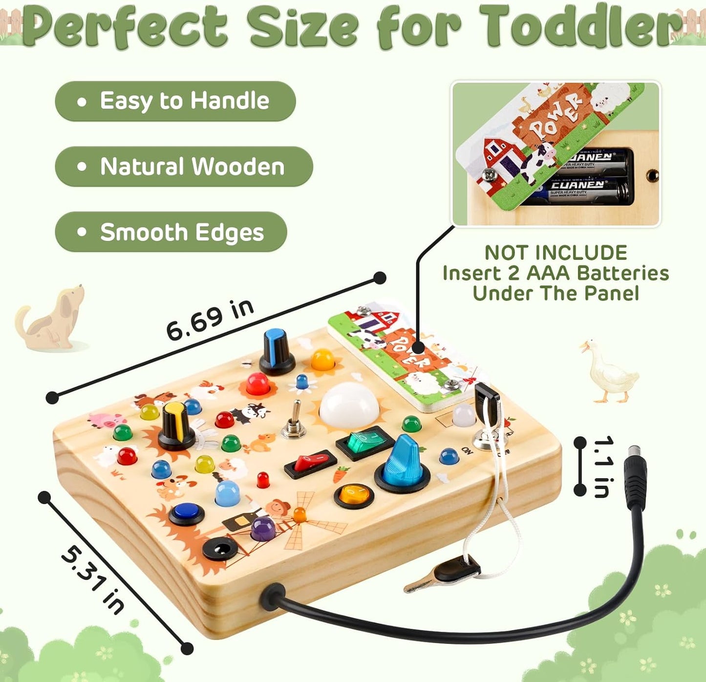 Joyreal Montessori Busy Board Wooden Sensory Toys for Toddler with LED Light Up Switch, Baby Fidget Board Travel Toys for 18+ Months, Boys Girls Birthday