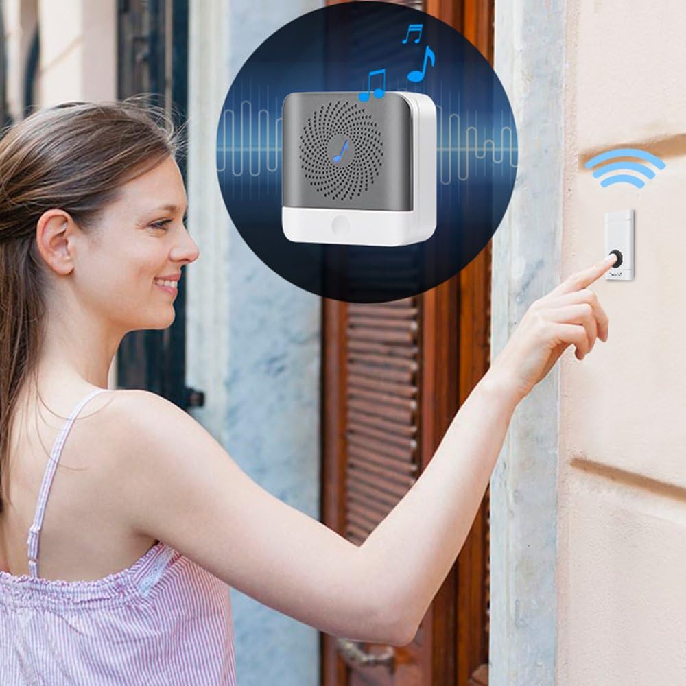 Wireless Doorbell with 2 Push Button Waterproof Transmitter and 1 Plugin Receivers Operating at over 1000-feet Range with Over 50 Chimes, No Batteries Required for Receivers