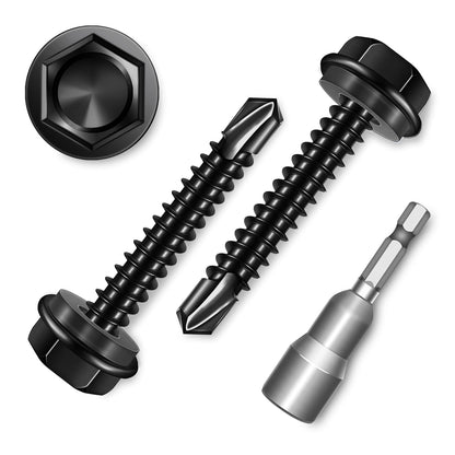 EASTPUK 100Pcs #8 x 1/2" Sheet Metal Screws, 410 Stainless Steel Self Drilling Hex Washer Head Self Tapping Screws for Metal with Drill Bit