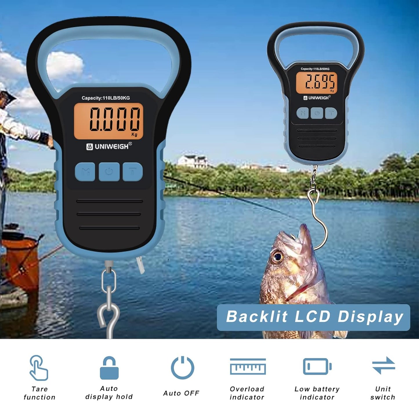 UNIWEIGH Digital Fish Scale Luggage Scale with Fish Lip Gripper, Backlight LCD Display 110lb/50kg Electronic Balance Digital Fishing Postal Hanging Hook Luggage Scale 2 AAA Batteries Included