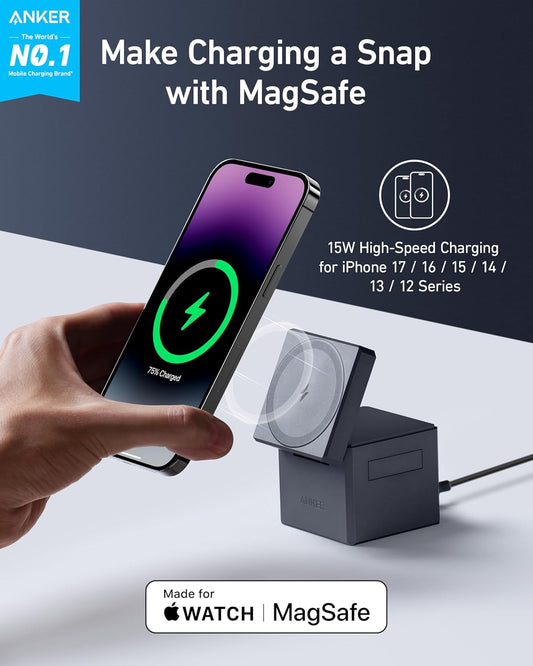 Anker MagSafe Charger Stand, Wireless Charger, 3-in-1 Cube, 15W Foldable Fast Charging for iPhone 16/15/14/13, Apple Watch, AirPods (Charger Included)