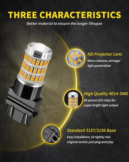 AUXLIGHT 3157 3156 4157 3057 3357 LED Bulbs, Ultra Bright 60-SMD LED Replacement for Turn Signal Blinker Lights, Brake/Tail Lights, Parking/Running Lights, Amber Yellow (Pack of 2)