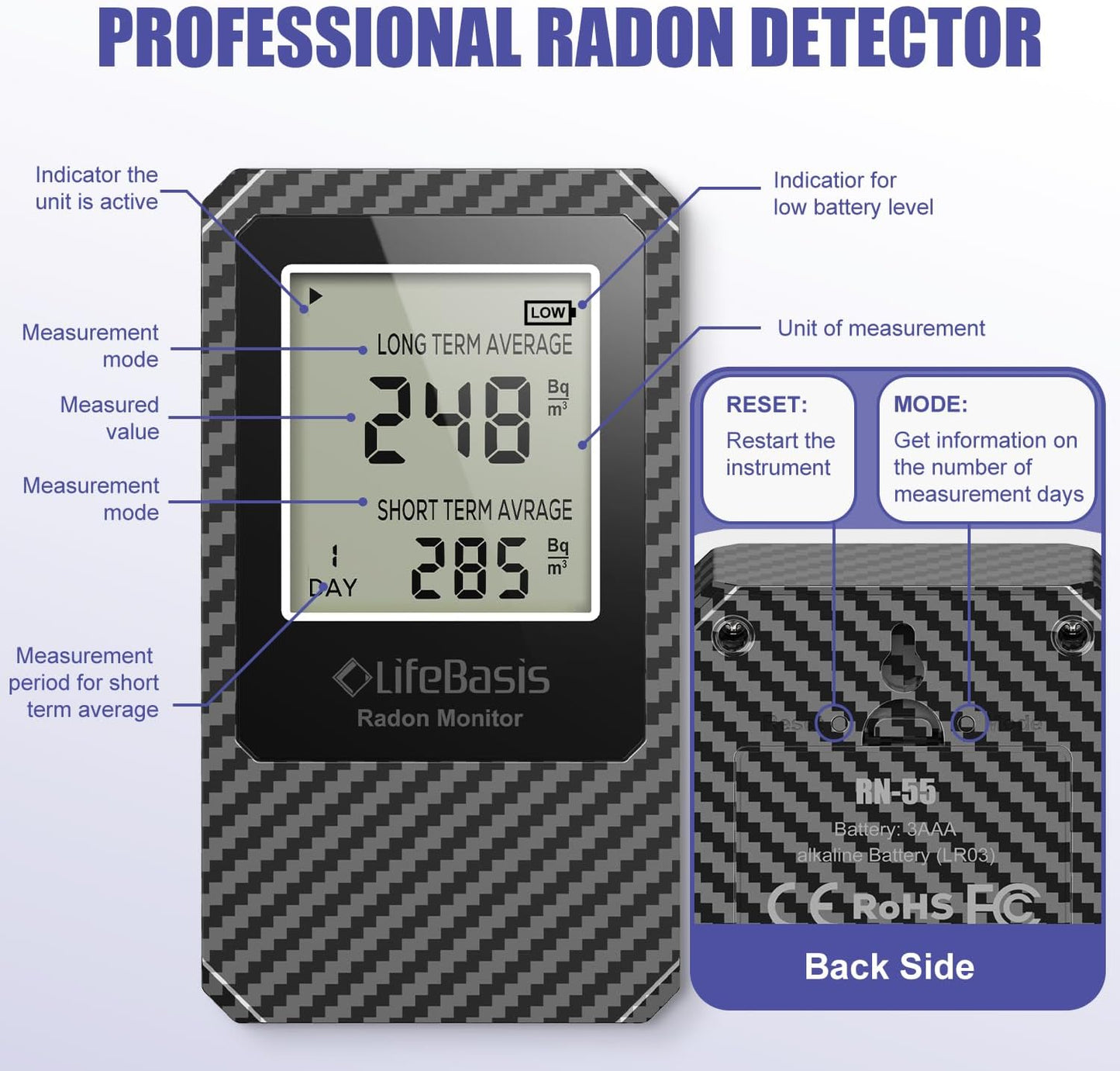 Life Basis Radon Detector for Home Radon Tester Portable with Large Screen Long and Short Term Radon Monitoring Battery Operated, Canadian Version in Bq/m - Dark Grey