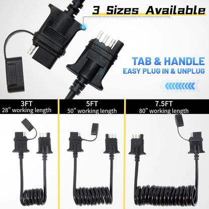 MECMO 3ft 4-Pin Flat Trailer Extension Coiled Cable 4 Pin Male and Female Wiring Harness Adapter, Trailer Wire Extension 4-Way Vehicle-Side and Trailer-Side 4 Prong Connector Extender Cord 3 Feet 36''