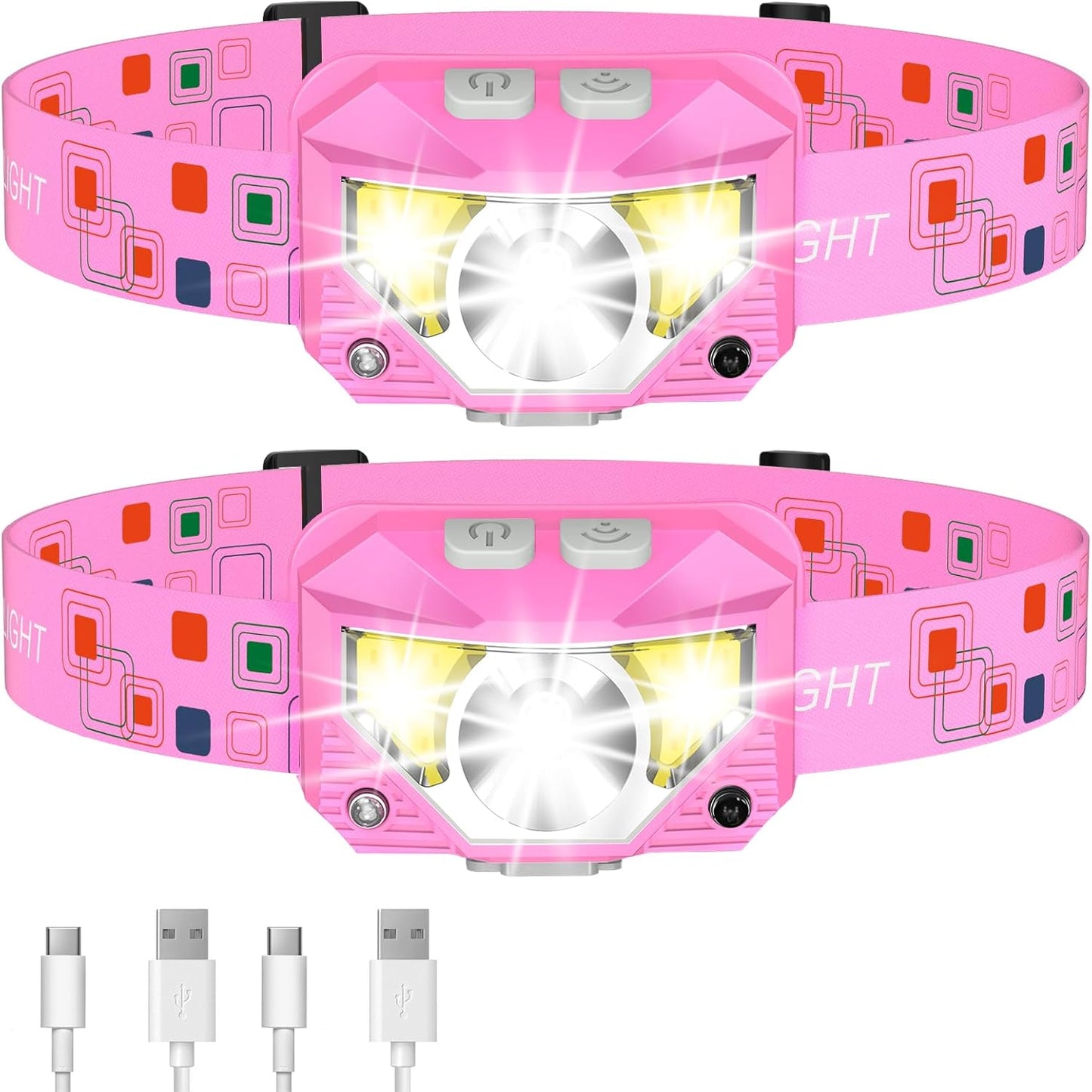 LHKNL Headlamp Flashlight, 1200 Lumen Ultra-Light Bright LED Rechargeable Headlight with White Red Light,2-Pack Waterproof Motion Sensor Head Lamp,8 Modes for Outdoor Camping Running Fishing- Pink - PuriLite
