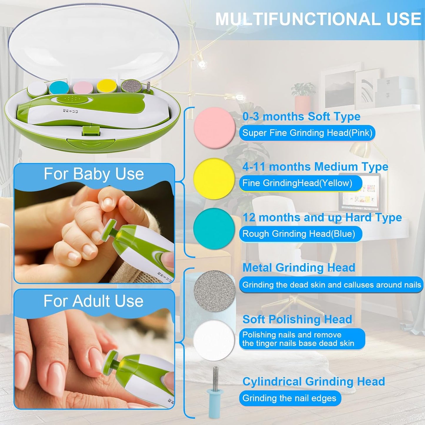 Tinabless Baby Nail Trimmer Electric - Safe Baby Nail File Clippers Set with LED Light, 6 Grinding Heads Kit for Newborn Infant Toddler Toes Care, Polish and Trim(Green)