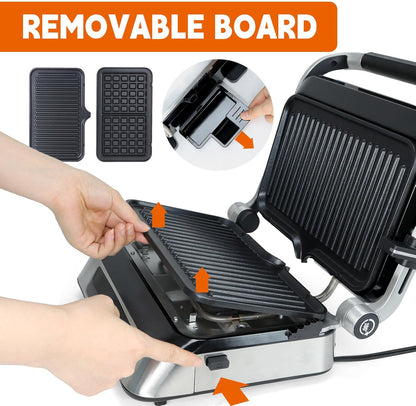 Panini Grill Press Sandwich Maker | Commercial Smokeless Indoor Grill, 1600W, 180° Open, Removable Plates, Stainless Steel, Ideal Kitchen Gift for Steak, Hamburger, Waffle