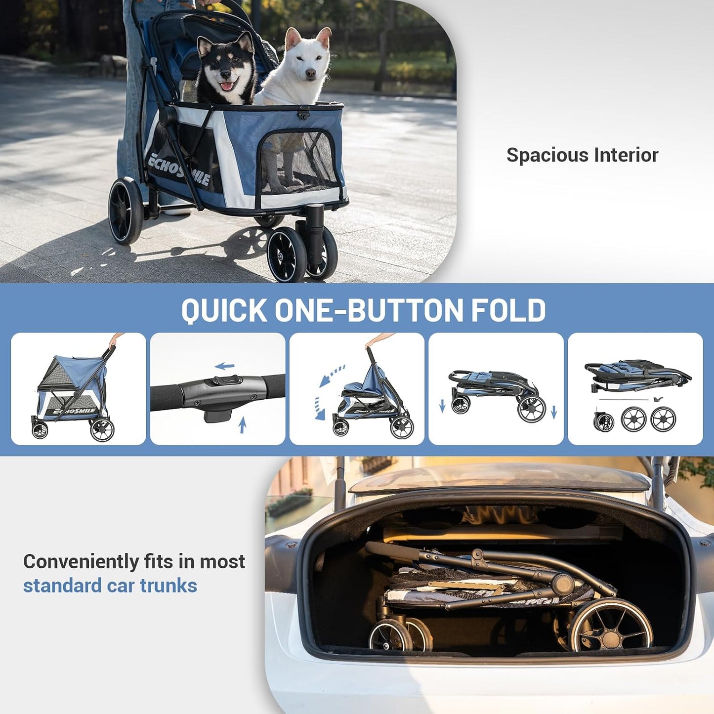 EchoSmile Dog Stroller for Medium & Small Dogs, Foldable Pet Stroller with 3 Wheels & Brakes, All-Terrain Cat Dog Carrier with Breathable Mesh, Safety Leash and Storage Pocket, Blue