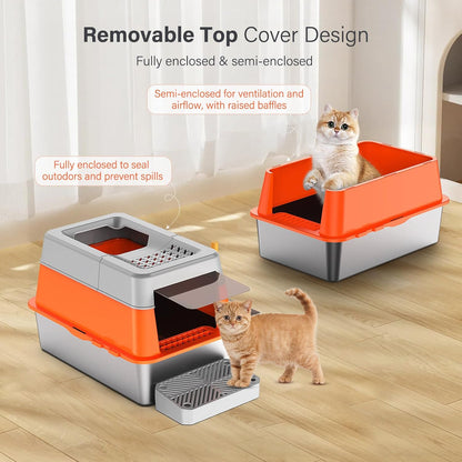 Stainless Steel Litter Box with Lid, XL Extra Large Enclosed Cat Litter Box for Big Cats 110° Flip Cover, Top Entry Metal High Sided Litter Box & Pedal & Scoop, Anti-Leakage (Grey)