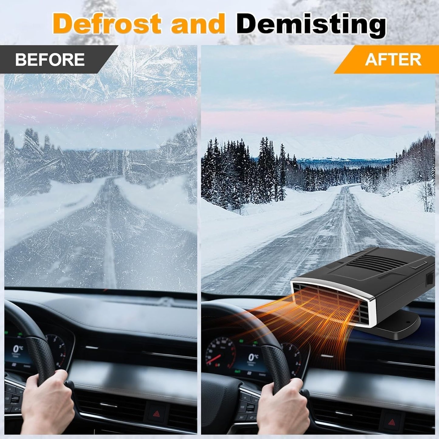 12V Portable Car Heater and Defroster | 200W Winter Car Heater Kit | Fast Heating and Cooling Car Demister | Cigarette Lighter Plug Auto Heater | 360 Degree Rotating Base