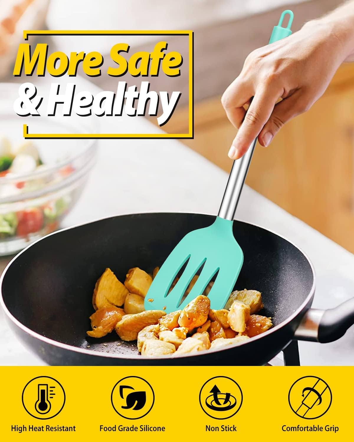 Pack of 2 Silicone Slotted Spatula,Non Stick Solid Kitchen Turner, High Heat Resistant BPA Free Cooking Utensils for Fish, Eggs, Pancakes（Black