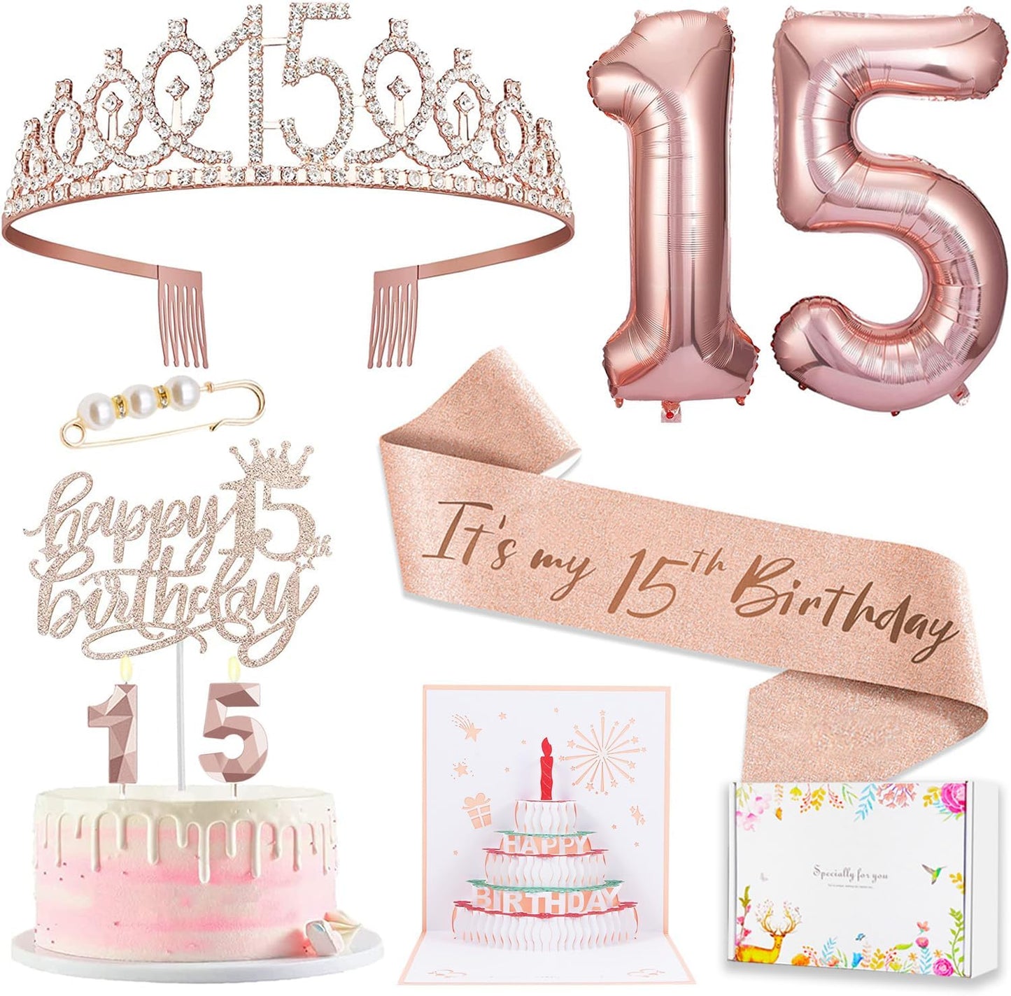 8pcs 40th Birthday Decorations gifts for Women, Including 40th Happy Birthday Cake Topper, Queen Sash with Pearl Pin, Sweet Rhinestone Tiara Crown for Women, Number Candles and Balloons (Rose Gold)