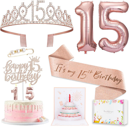 8pcs 40th Birthday Decorations gifts for Women, Including 40th Happy Birthday Cake Topper, Queen Sash with Pearl Pin, Sweet Rhinestone Tiara Crown for Women, Number Candles and Balloons (Rose Gold)