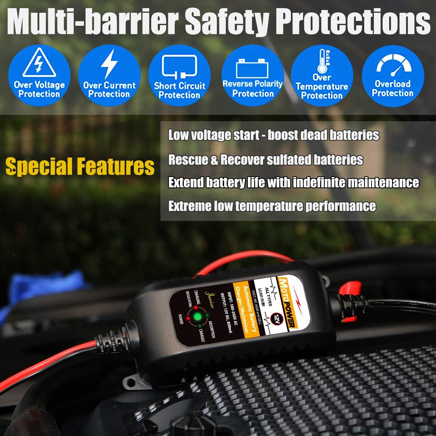 MOTOPOWER MP00205A 12V 800mA Fully Automatic Battery Charger/Maintainer