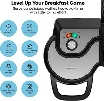Chefman Anti-Overflow Belgian Waffle Maker w/ Shade Selector, Temperature Control, Mess Free Moat, Round Iron w/ Nonstick Plates & Cool Touch Handle, Measuring Cup Included, Red