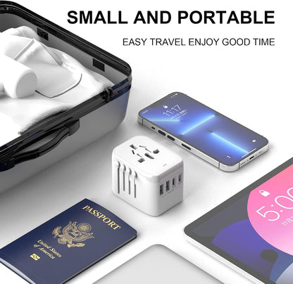 Universal International Power Travel Plug Adapter, 5 in 1 European Travel Plug Adapter W/ 3.5A 2xUSB-A and 2xUSB C Wall Charger and Worldwide AC Outlet for Europe USA UK AUS Asia (White)