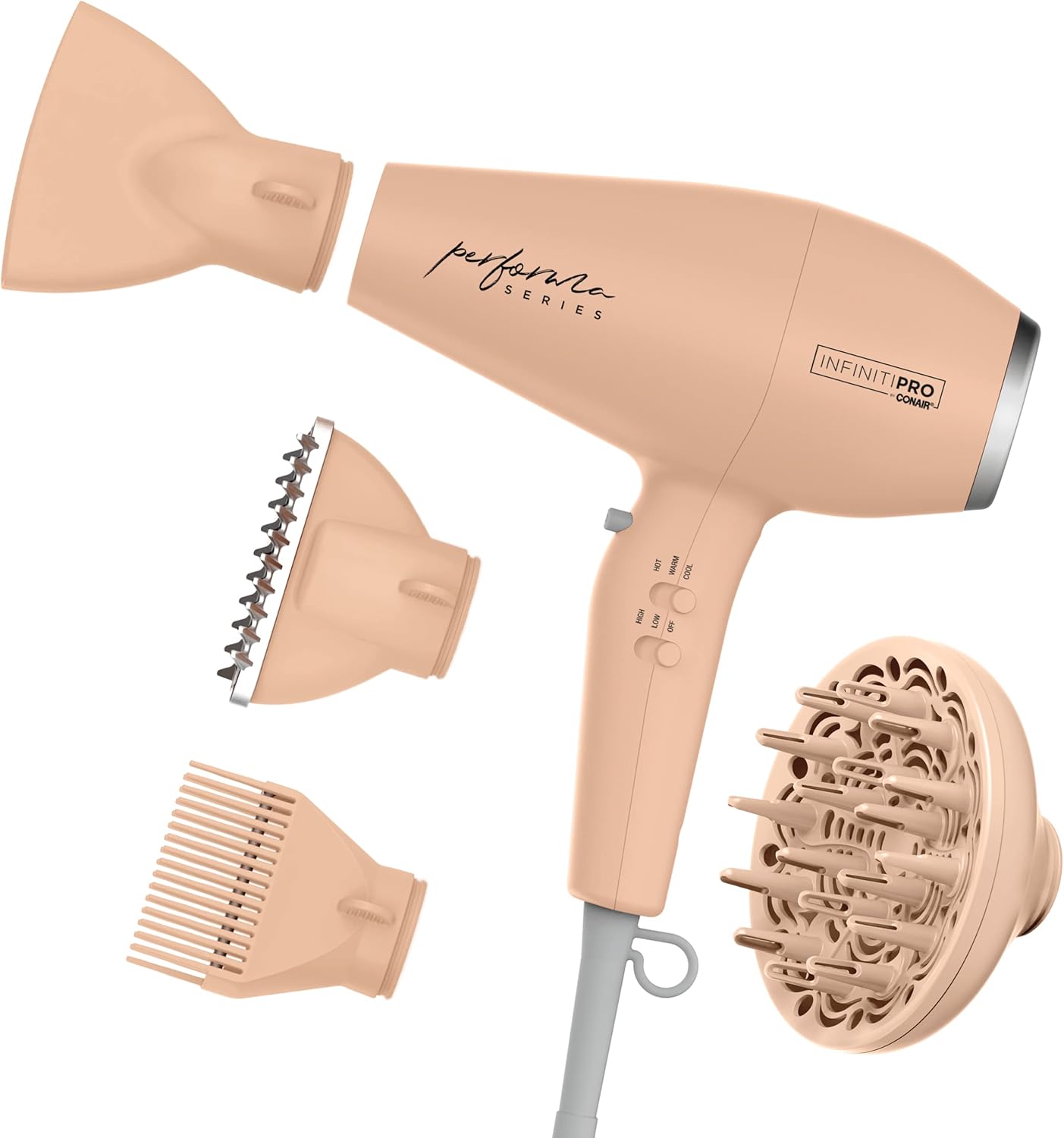 INFINITIPRO BY CONAIR Performa Series Hair Dryer with Diffuser plus 3 Other Attachments | Blow Dryer with Professional Performance Motor | Blush Pink | Great for travel