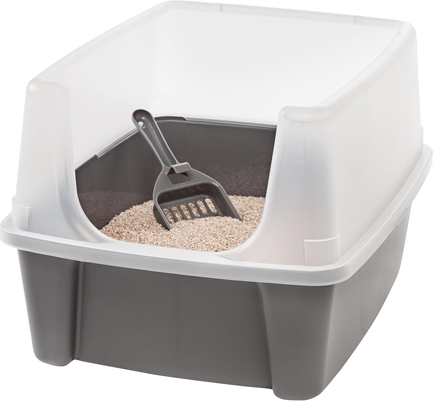 IRIS USA Top Entry Cat Litter Box with Scoop - Large - Stylish Enclosed Round Oval Kitty Dog Proof Box, Litiere Pour Chat Bac - White/Beige