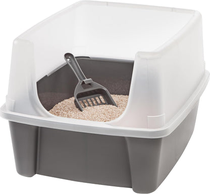 IRIS USA Top Entry Cat Litter Box with Scoop - Large - Stylish Enclosed Round Oval Kitty Dog Proof Box, Litiere Pour Chat Bac - White/Beige