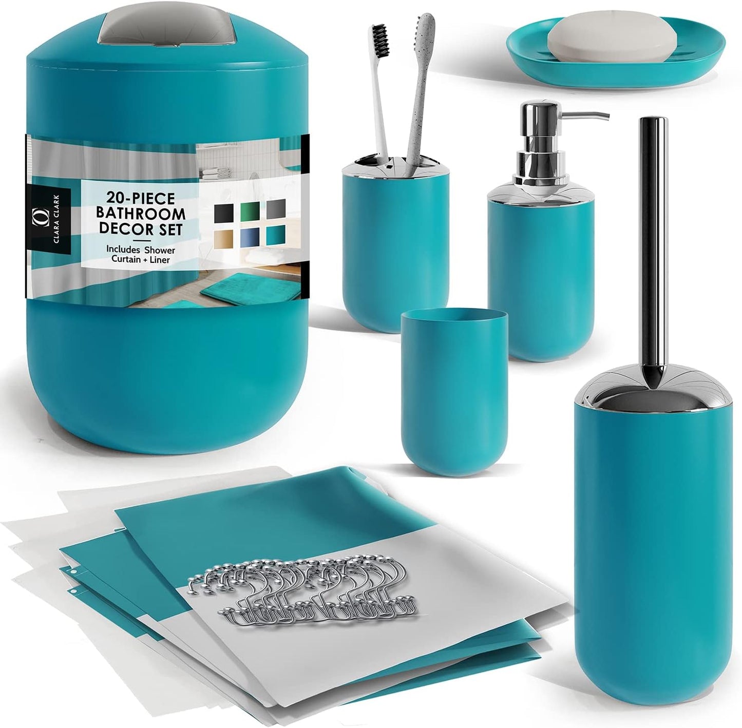 Clara Clark Bathroom Set - Gray Bathroom Accessories Set, Bathroom Sets with Shower Curtain and Rugs, 23PC Shower Curtain Set with Liner, Soap Dispenser, Soap Dish, Toilet Brush Holder, and Trash Can