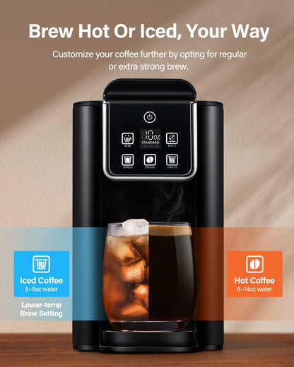 SHARDOR Single Serve Coffee Maker, Hot and Iced Coffee Machine for K Cup Pods & Ground Coffee, 6 to 14 Oz Brew Sizes, with 50oz Large Water Tank, Removable Drip Tray, Black