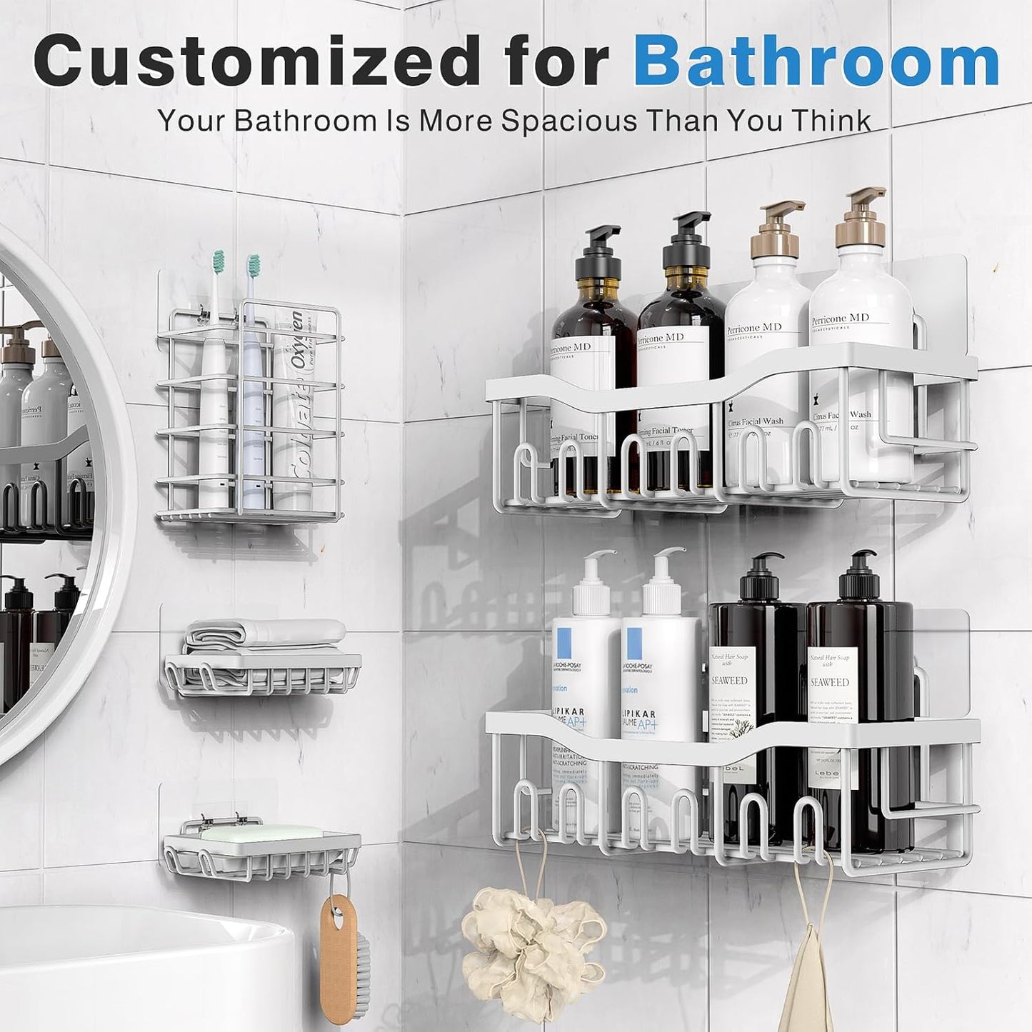 EUDELE 5-Pack Rustproof Stainless Steel Shower Caddy – No Drill Adhesive Bathroom Organizer with Large Capacity, Spacious Shower Shelves for Inside Shower, Kitchen & Home Decor Storage