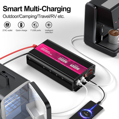 3000W Power Inverter,12V DC to AC 110V120V Peak Power 6000W with 2AC Outlets and 2.4USB Port,LCD Display Car Inverter for Outdoor Activities,Emergency