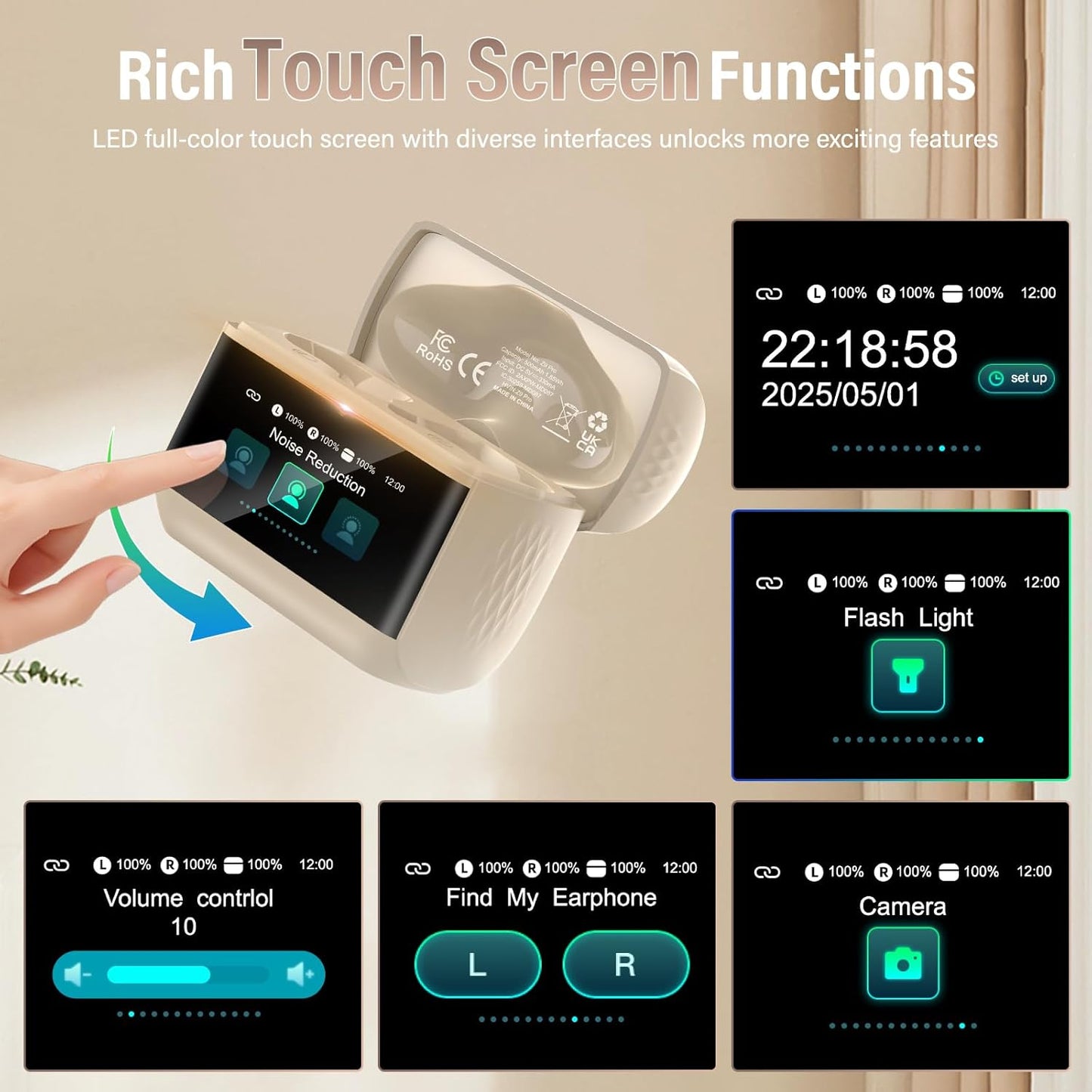 Wireless Earbuds, 2025 New Bluetooth 5.4 Ear Buds with Multifunctional Touch Screen, Bass Stereo Sound, ANC/ENC Noise-Canceling MIC, IPX7 Waterproof, 48H Bluetooth Earphones with 5 EQ Modes, Black