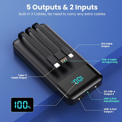 Power Bank 40800mAh Portable Charger with 3 Built-in Cable,25W PD USB C in&Out Power Bank Fast Phone Charging,QC4.0 LED Display Portable Battery Pack Compatible with iPhone 16/15,Samsung Android-Black