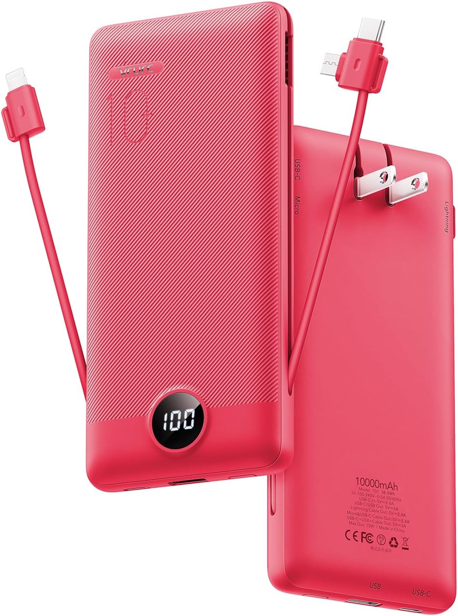 Portable Charger for iPhone, 10000mAh Power Bank with Built-in Cables & AC Wall Plug, USB C Phone Charger 5 Output External Battery Pack Compatible with iPhone Samsung Google Pixel Android -White