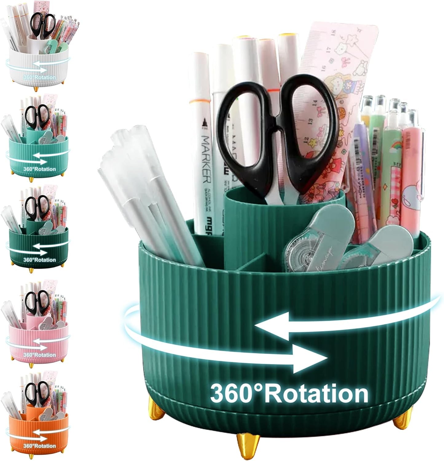 360 Degree Rotating Desk Pencil Holder, Plastic Desktop Organizer with 5 Compartments for Office, School, Home and Vanity Storage - PuriLite