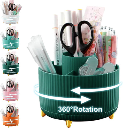 360 Degree Rotating Desk Pencil Holder, Plastic Desktop Organizer with 5 Compartments for Office, School, Home and Vanity Storage - PuriLite