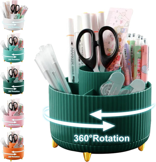 360 Degree Rotating Desk Pencil Holder, Plastic Desktop Organizer with 5 Compartments for Office, School, Home and Vanity Storage