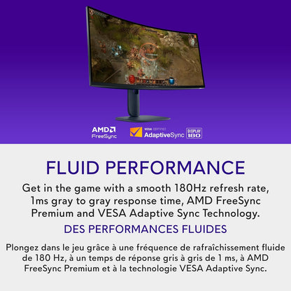 Alienware 34 Curved Gaming Monitor – AW3425DWM - 34-inch WQHD (3440 x 1440) 180Hz 1ms Display, 1500R Curve, AMD FreeSync Premium, VESA AdaptiveSync, VESA DisplayHDR 400, 360° Ventilation