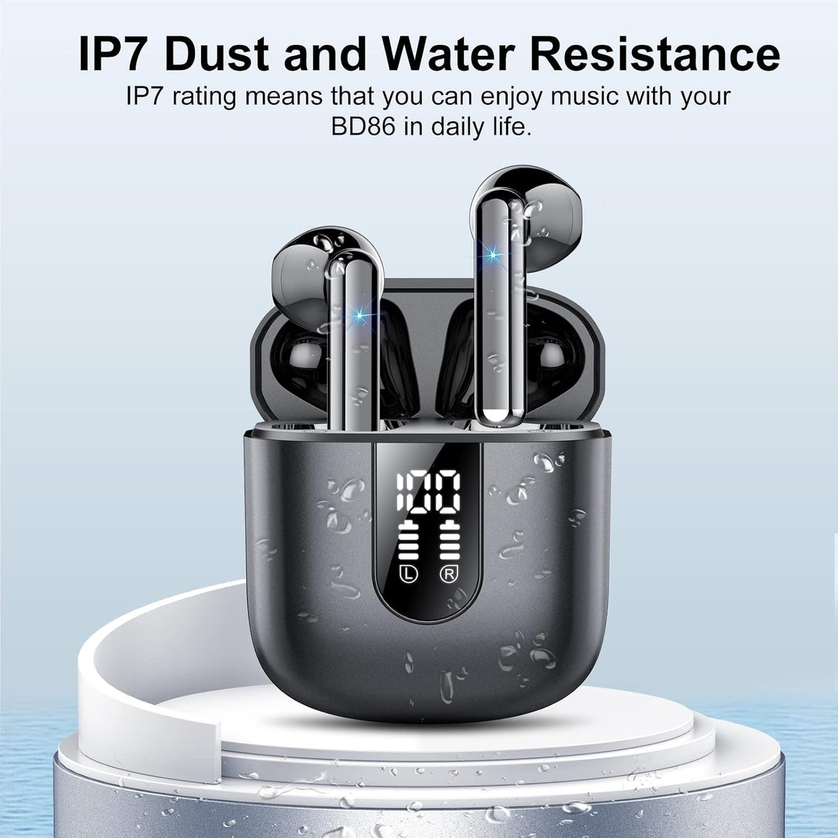 Wireless Earbuds, Bluetooth 5.3 Headphones HiFi Stereo, Mini in-Ear Bluetooth Earbuds, Wireless Earphones with 4 ENC Noise Cancelling Mic, IP7 Waterproof, LED Display, Touch Control Ear Buds, Black