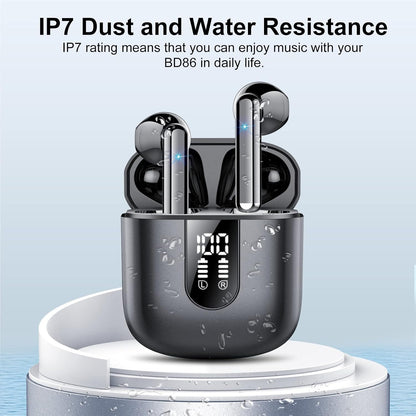 Wireless Earbuds, Bluetooth 5.3 Headphones HiFi Stereo, Mini in-Ear Bluetooth Earbuds, Wireless Earphones with 4 ENC Noise Cancelling Mic, IP7 Waterproof, LED Display, Touch Control Ear Buds, Black