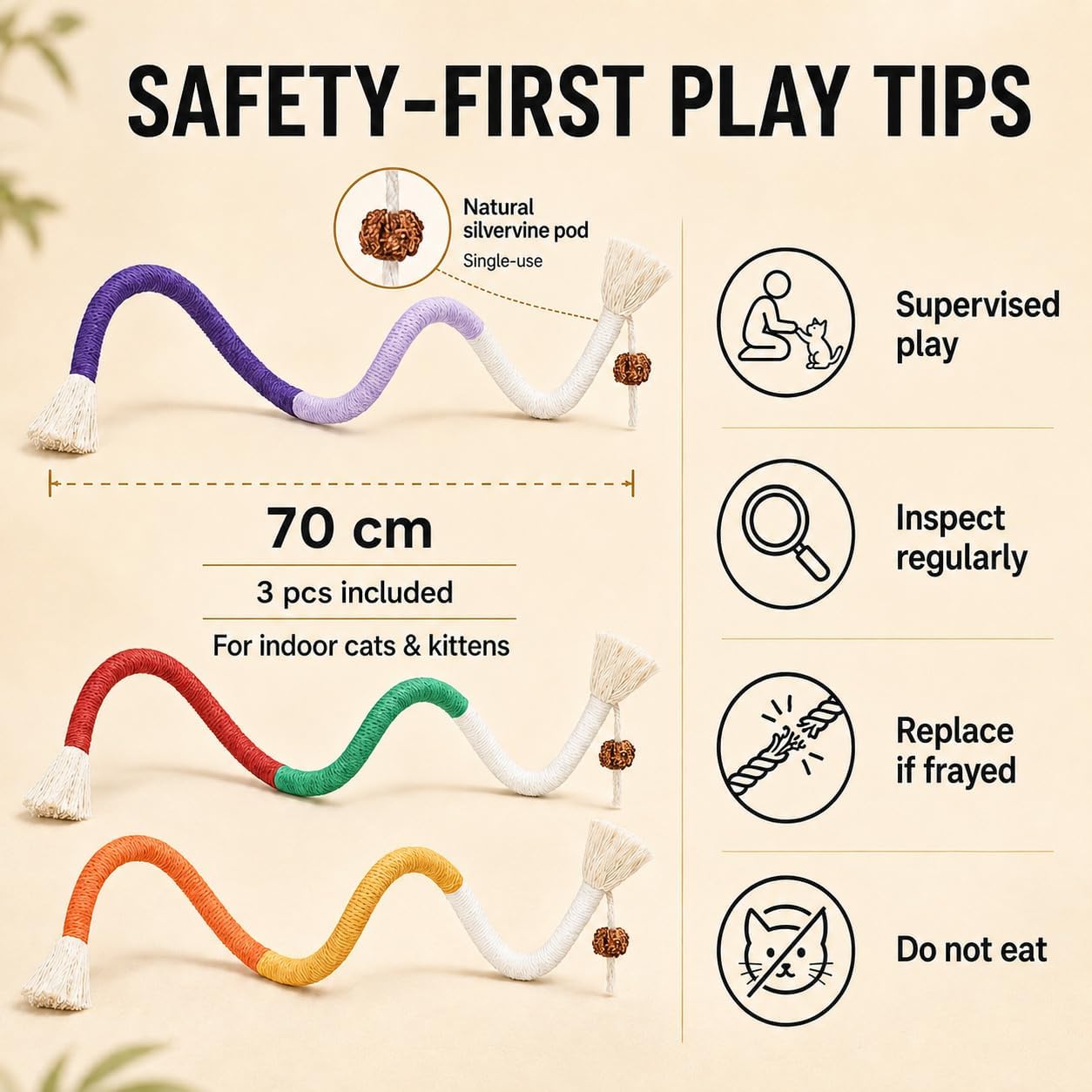 Cat Chew Long Rope Toys(27.5 Inch) 3PCS Refillable Catnip and Silvervine, Interactive Toy for Indoor Cats & Kittens, Safe Dental Chew Toys for Teeth Cleaning & Stress Relief