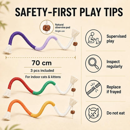 Cat Chew Long Rope Toys(27.5 Inch) 3PCS Refillable Catnip and Silvervine, Interactive Toy for Indoor Cats & Kittens, Safe Dental Chew Toys for Teeth Cleaning & Stress Relief