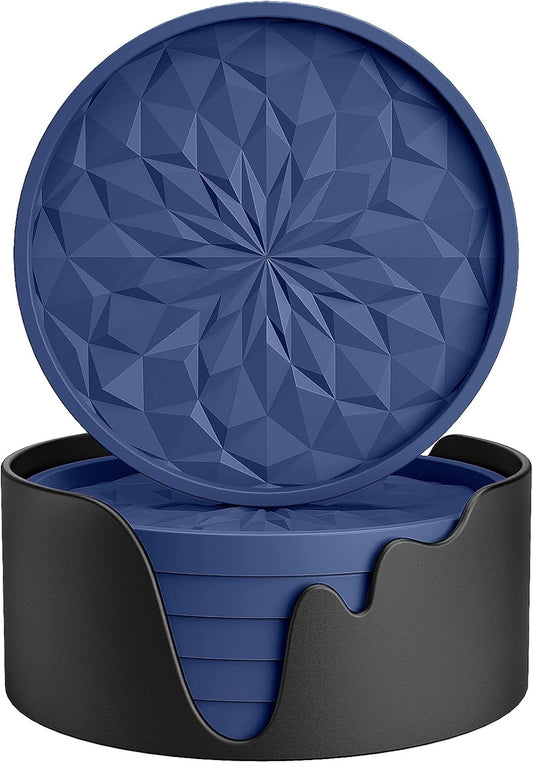 ME.FAN Silicone Coasters 6-Pack with Holder, Non-Slip, Heat-Resistant Drink Cup Mats for Hot & Cold Beverages, Thickened Deep Tray, Navy Blue - PuriLite