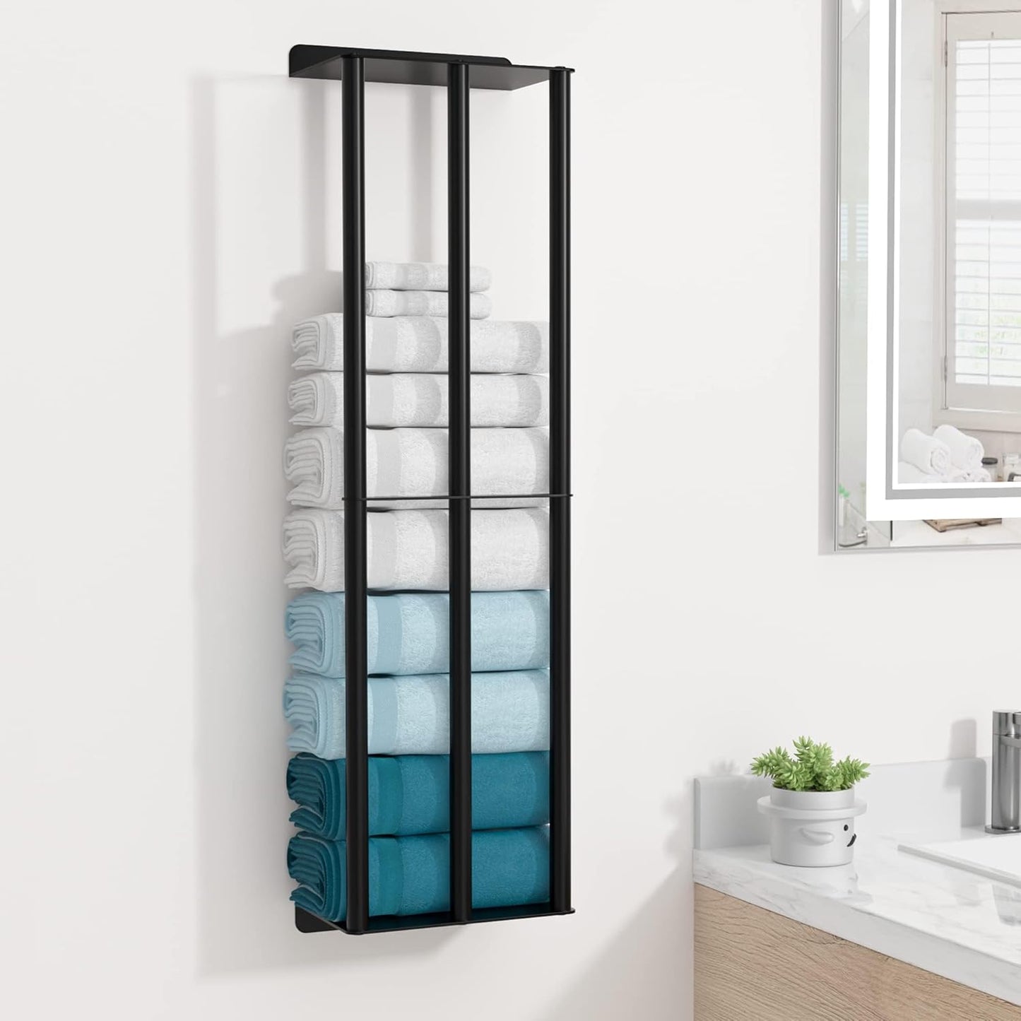 Wall Mounted Towel Rack with Shelves – 78cm Metal Bathroom Towel Holder with Dual Shelves and Vertical Bars for Rolled Towels, Matte Black - PuriLite