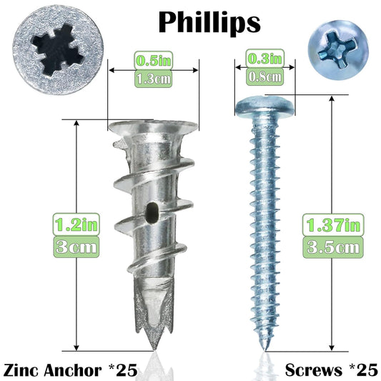 Ansoon Zinc Self-Drilling Drywall Anchors with Screws Kit, 25 Heavy Duty Metal Wall Anchors and 25#8 x 1-1/4'' Screws - 50 Pieces All Together - PuriLite