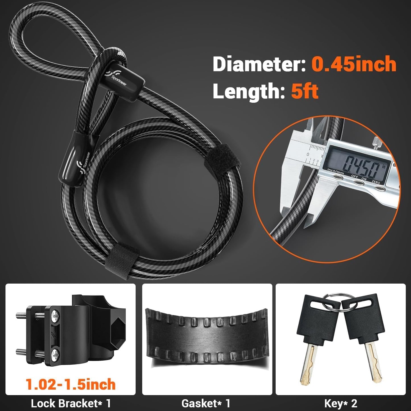 Sportneer Bike Lock: 17mm Heavy Duty Bike U Lock - High-Security Anti-Theft with 12mm x1.5m Steel Cable, 8''x5'' Compact Design, Includes Mounting Bracket for Mountain/Road/Folding/Electric Bikes